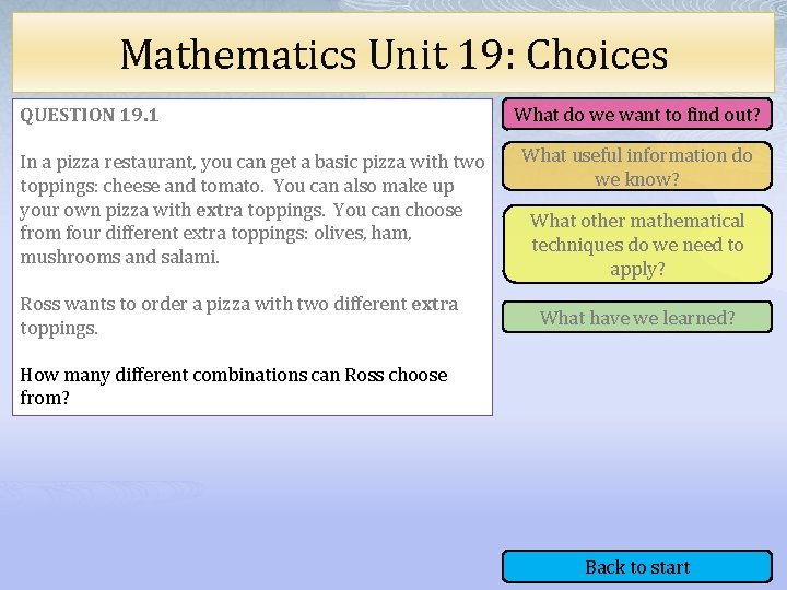 Mathematics Unit 19: Choices QUESTION 19. 1 In a pizza restaurant, you can get