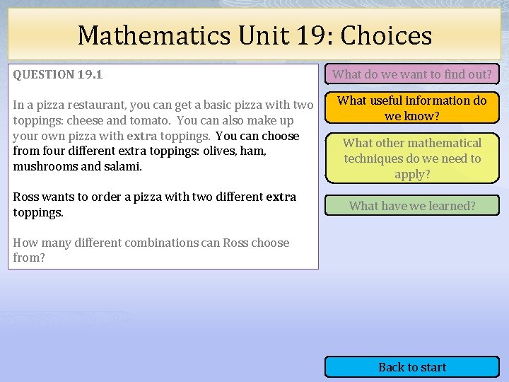 Mathematics Unit 19: Choices QUESTION 19. 1 In a pizza restaurant, you can get