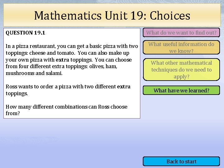 Mathematics Unit 19: Choices QUESTION 19. 1 In a pizza restaurant, you can get