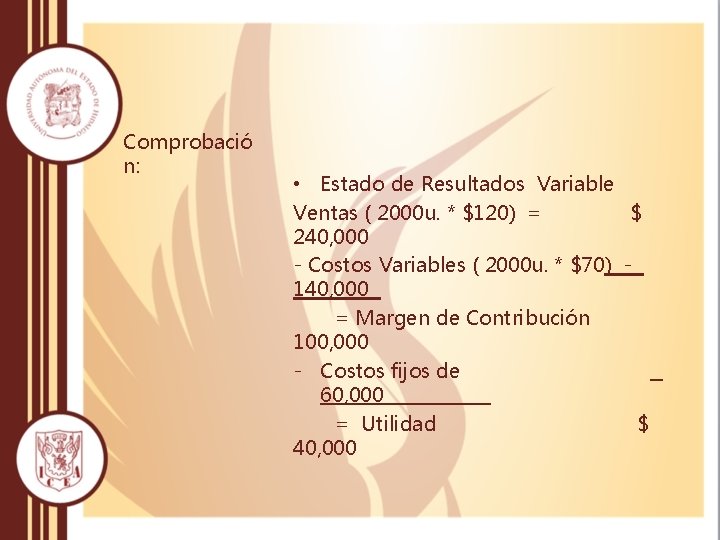 Comprobació n: • Estado de Resultados Variable Ventas ( 2000 u. * $120) = Comprobació n: • Estado de Resultados Variable Ventas ( 2000 u. * $120) =