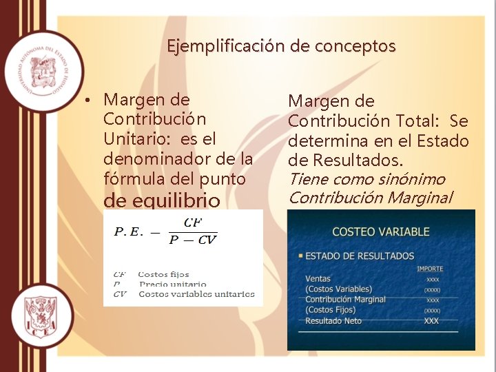 Ejemplificación de conceptos • Margen de Contribución Unitario: es el denominador de la fórmula Ejemplificación de conceptos • Margen de Contribución Unitario: es el denominador de la fórmula