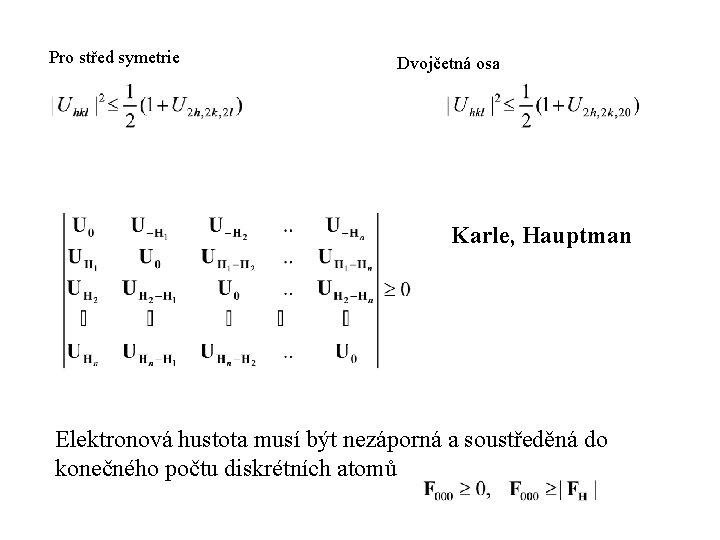 Pro střed symetrie Dvojčetná osa Karle, Hauptman Elektronová hustota musí být nezáporná a soustředěná