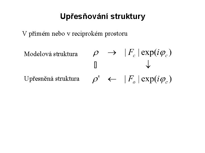 Upřesňování struktury V přímém nebo v reciprokém prostoru Modelová struktura Upřesněná struktura 