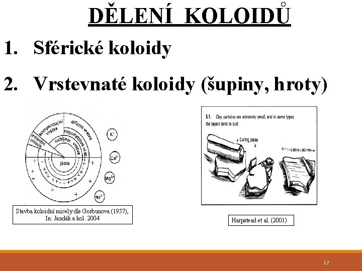 DĚLENÍ KOLOIDŮ 1. Sférické koloidy 2. Vrstevnaté koloidy (šupiny, hroty) Stavba koloidní micely dle