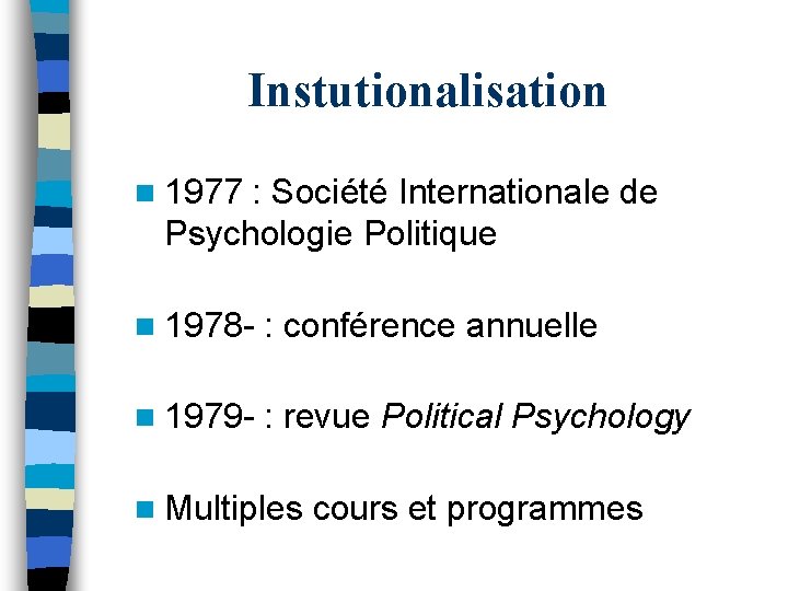 Instutionalisation n 1977 : Société Internationale de Psychologie Politique n 1978 - : conférence