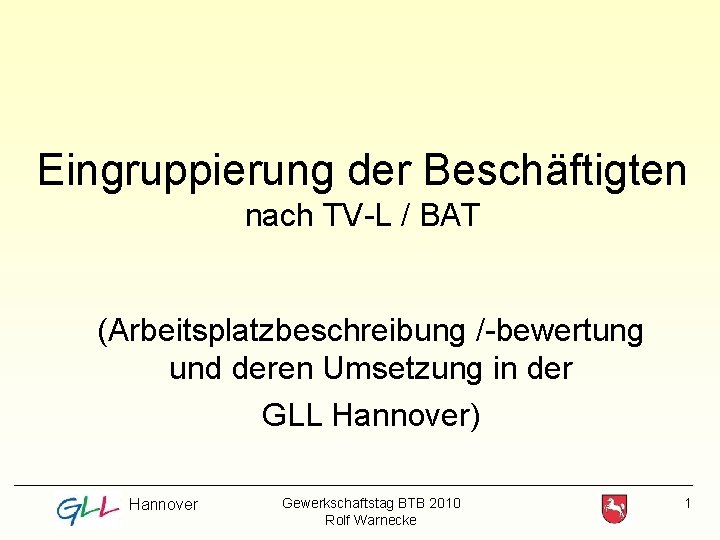 Eingruppierung der Beschäftigten nach TV-L / BAT (Arbeitsplatzbeschreibung /-bewertung und deren Umsetzung in der