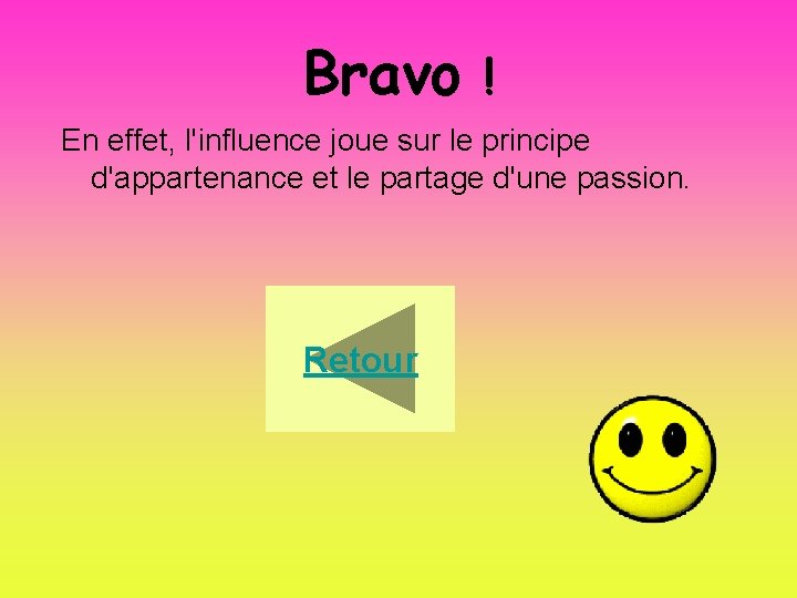 Bravo ! En effet, l'influence joue sur le principe d'appartenance et le partage d'une