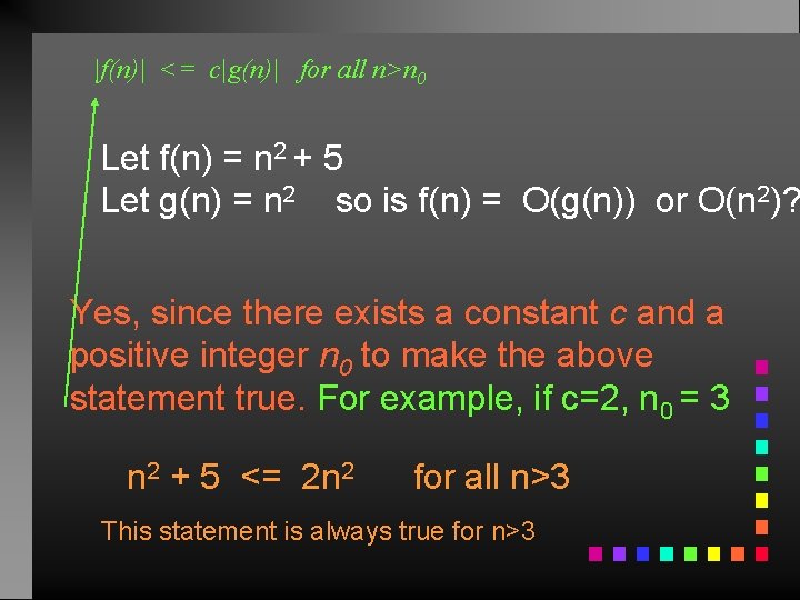 |f(n)| <= c|g(n)| for all n>n 0 Let f(n) = n 2 + 5