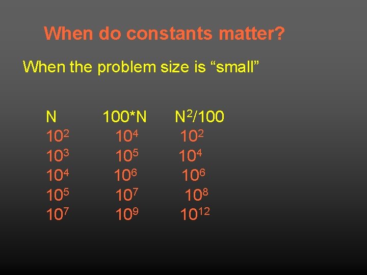 When do constants matter? When the problem size is “small” N 102 103 104