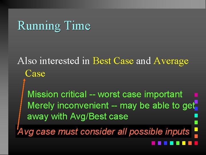 Running Time Also interested in Best Case and Average Case Mission critical -- worst
