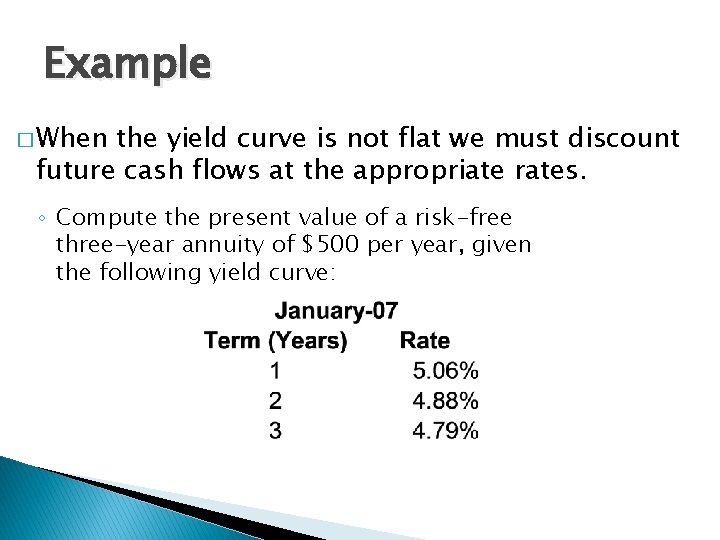 Example � When the yield curve is not flat we must discount future cash
