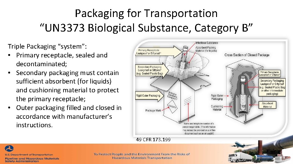 Packaging for Transportation “UN 3373 Biological Substance, Category B” Triple Packaging “system”: • Primary