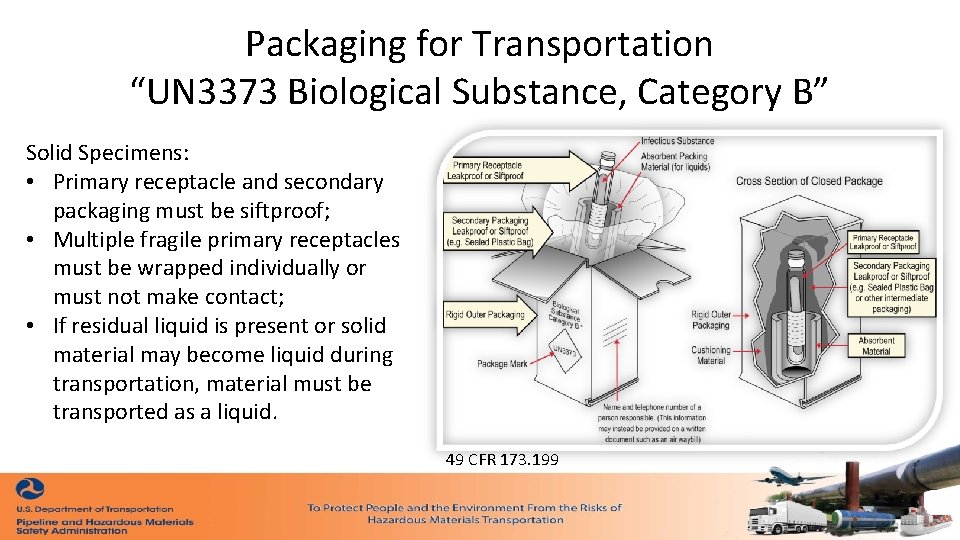 Packaging for Transportation “UN 3373 Biological Substance, Category B” Solid Specimens: • Primary receptacle