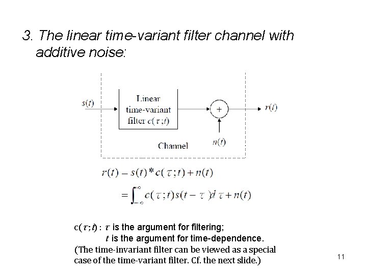 3. The linear time-variant filter channel with additive noise: c(τ ; t) : τ