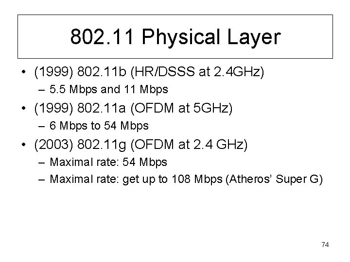 802. 11 Physical Layer • (1999) 802. 11 b (HR/DSSS at 2. 4 GHz)