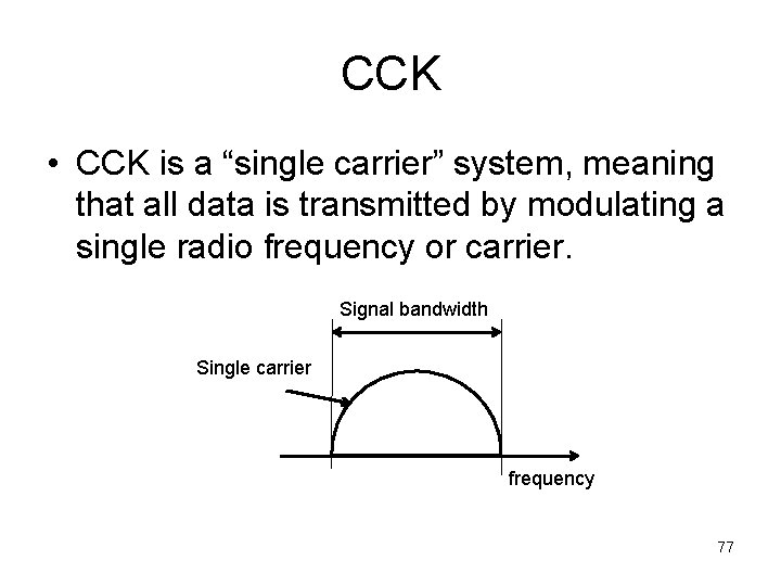 CCK • CCK is a “single carrier” system, meaning that all data is transmitted