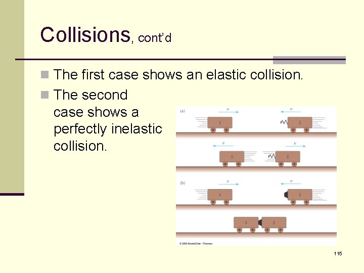 Collisions, cont’d n The first case shows an elastic collision. n The second case