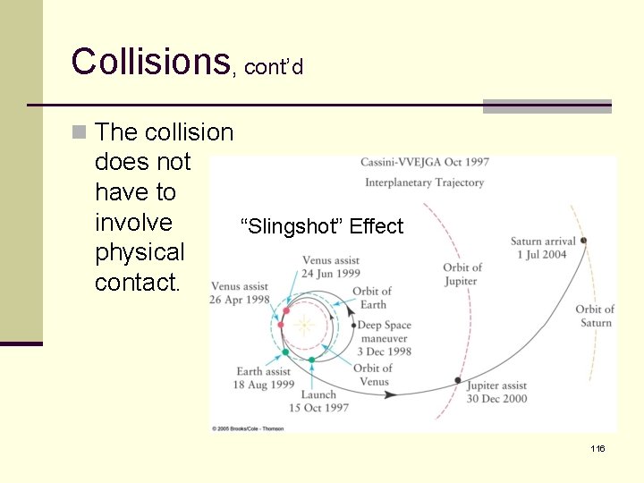 Collisions, cont’d n The collision does not have to involve physical contact. “Slingshot” Effect