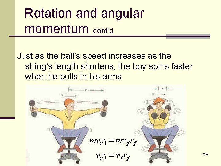 Rotation and angular momentum, cont’d Just as the ball’s speed increases as the string’s