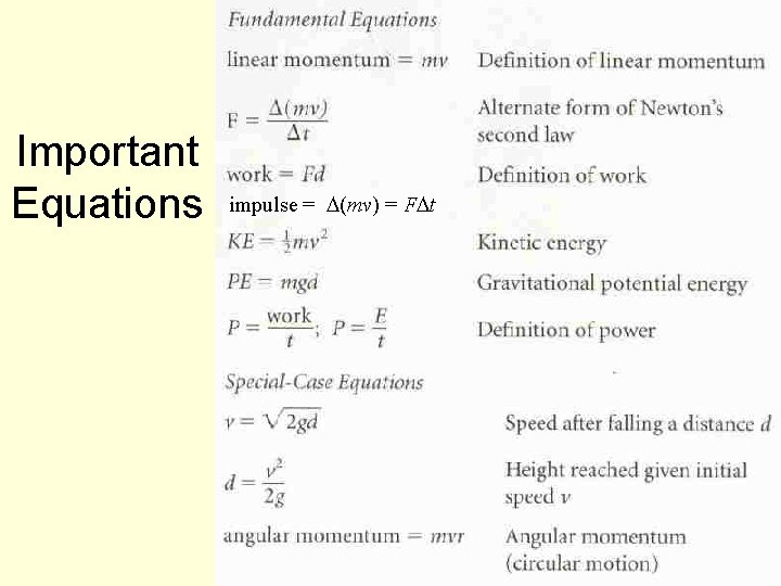 Important Equations impulse = D(mv) = FDt 141 