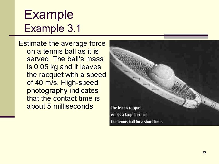 Example 3. 1 Estimate the average force on a tennis ball as it is