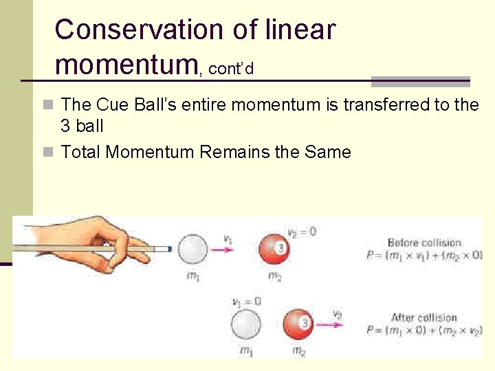 Conservation of linear momentum, cont’d n The Cue Ball’s entire momentum is transferred to