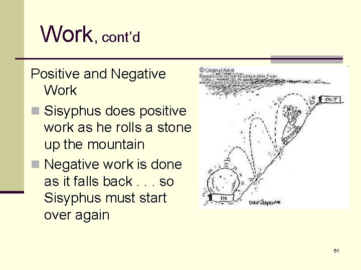 Work, cont’d Positive and Negative Work n Sisyphus does positive work as he rolls