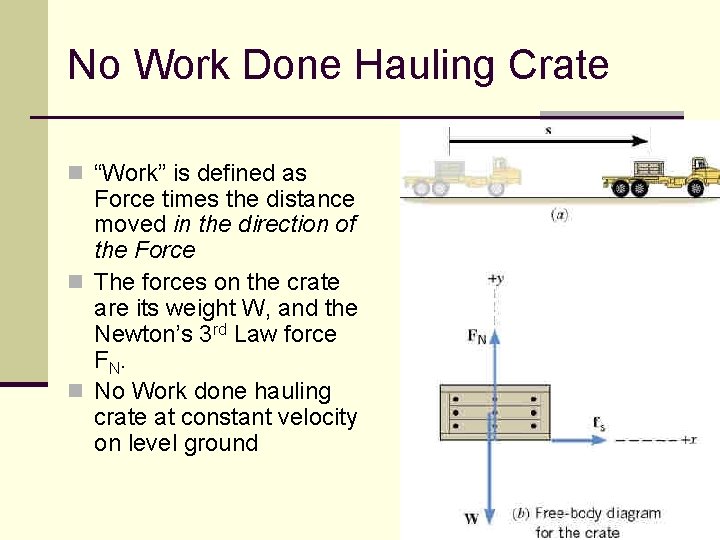 No Work Done Hauling Crate n “Work” is defined as Force times the distance