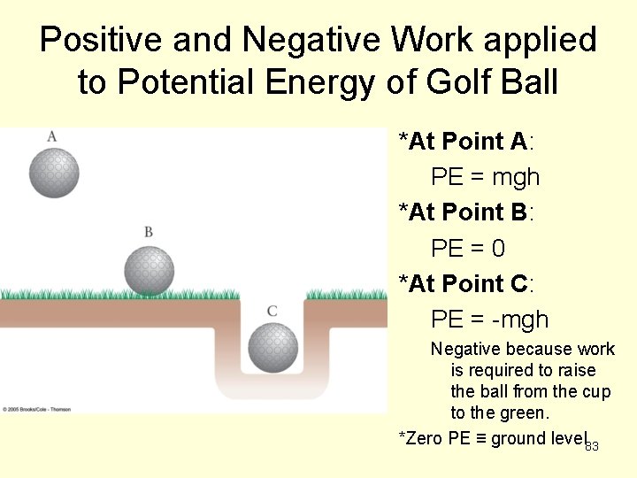 Positive and Negative Work applied to Potential Energy of Golf Ball *At Point A: