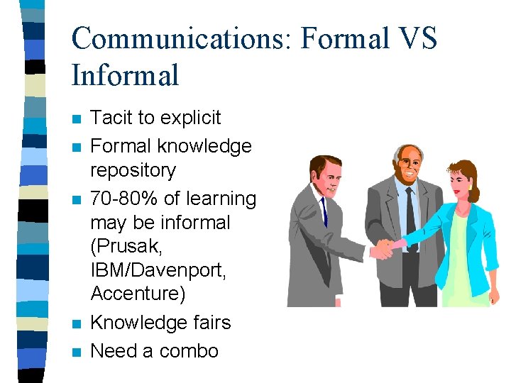 Communications: Formal VS Informal n n n Tacit to explicit Formal knowledge repository 70