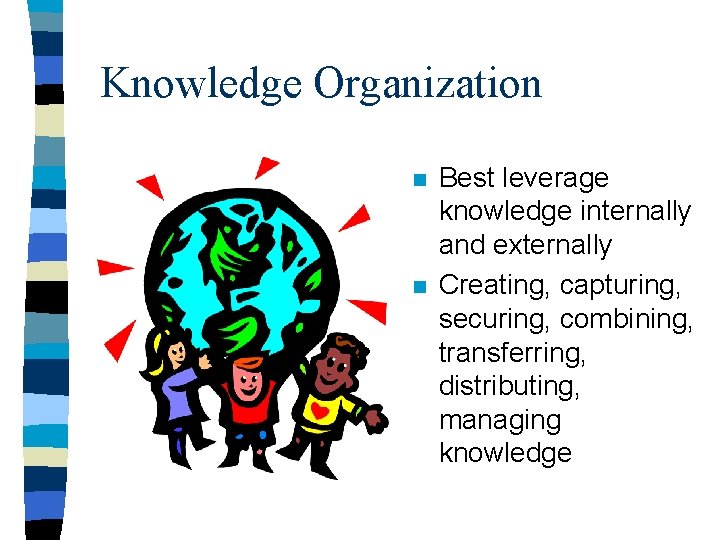 Knowledge Organization n n Best leverage knowledge internally and externally Creating, capturing, securing, combining,