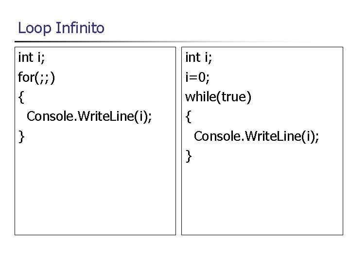 Loop Infinito int i; for(; ; ) { Console. Write. Line(i); } int i;