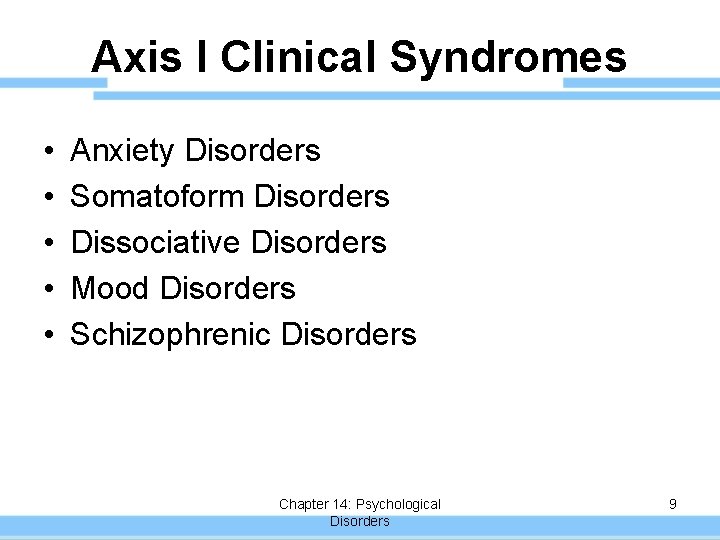 Axis I Clinical Syndromes • • • Anxiety Disorders Somatoform Disorders Dissociative Disorders Mood
