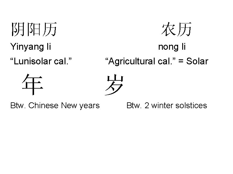 阴阳历 农历 Yinyang li nong li “Lunisolar cal. ” 年 Btw. Chinese New years