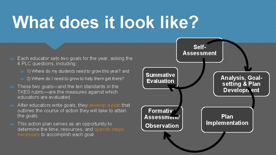 What does it look like? Self. Assessment Each educator sets two goals for the
