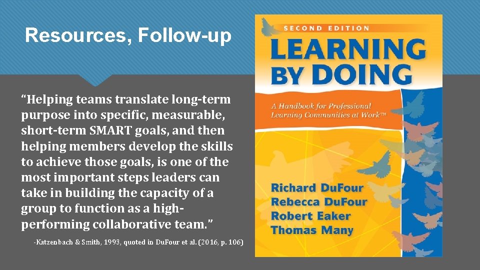 Resources, Follow-up “Helping teams translate long-term purpose into specific, measurable, short-term SMART goals, and