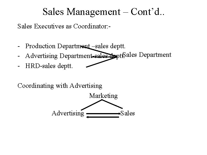 Sales Management – Cont’d. . Sales Executives as Coordinator: - - Production Department –sales