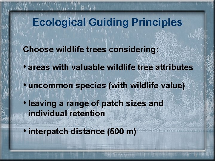 Ecological Guiding Principles Choose wildlife trees considering: • areas with valuable wildlife tree attributes
