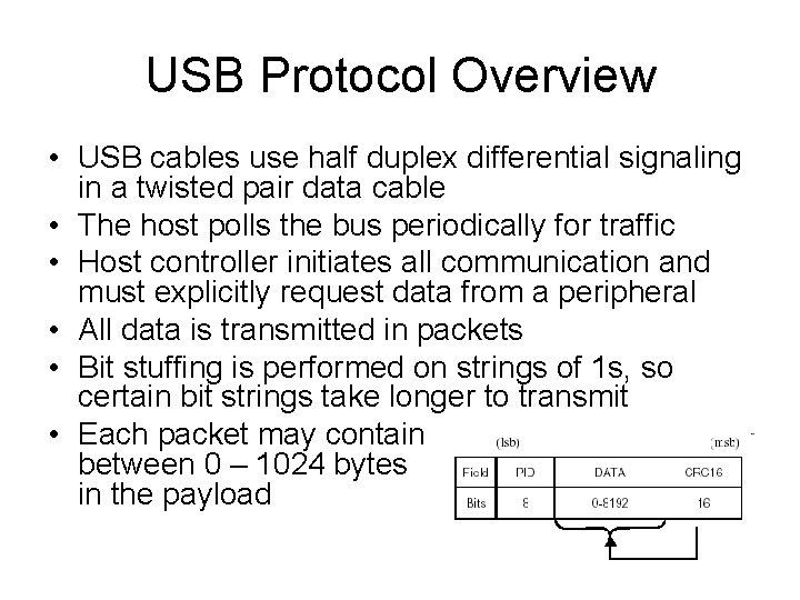 USB Protocol Overview • USB cables use half duplex differential signaling in a twisted