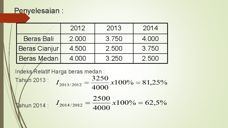 Penyelesaian : 2012 2013 2014 Beras Bali Beras Cianjur 2. 000 4. 500 3.