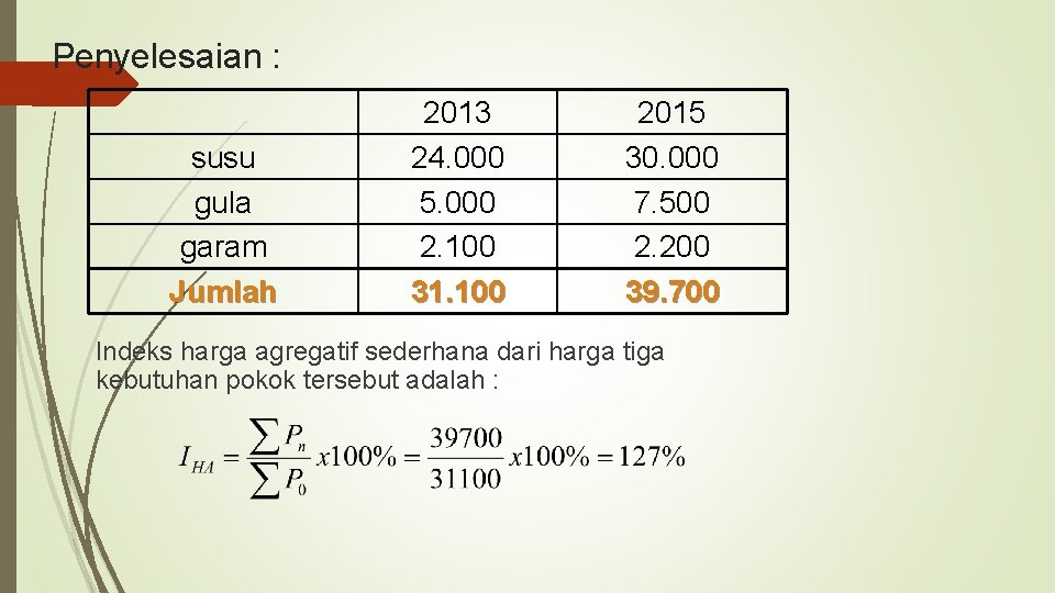 Penyelesaian : susu gula garam Jumlah 2013 24. 000 5. 000 2. 100 31.
