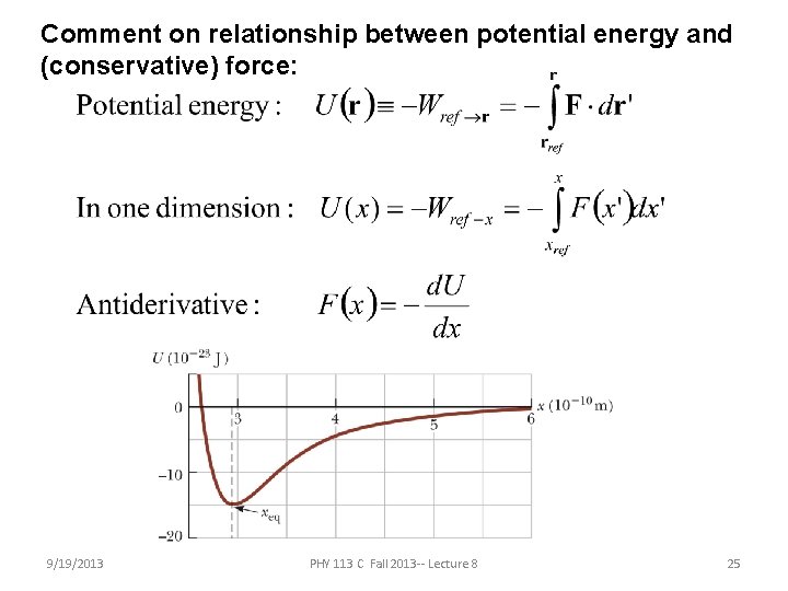 Comment on relationship between potential energy and (conservative) force: 9/19/2013 PHY 113 C Fall