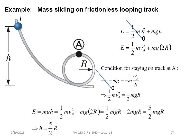 Example: Mass sliding on frictionless looping track i 0 0 9/19/2013 PHY 113 C