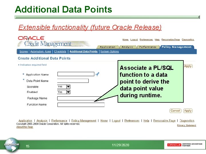 Additional Data Points Extensible functionality (future Oracle Release) Associate a PL/SQL function to a