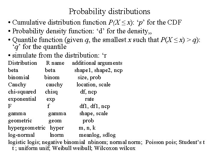 Probability distributions • Cumulative distribution function P(X ≤ x): ‘p’ for the CDF •