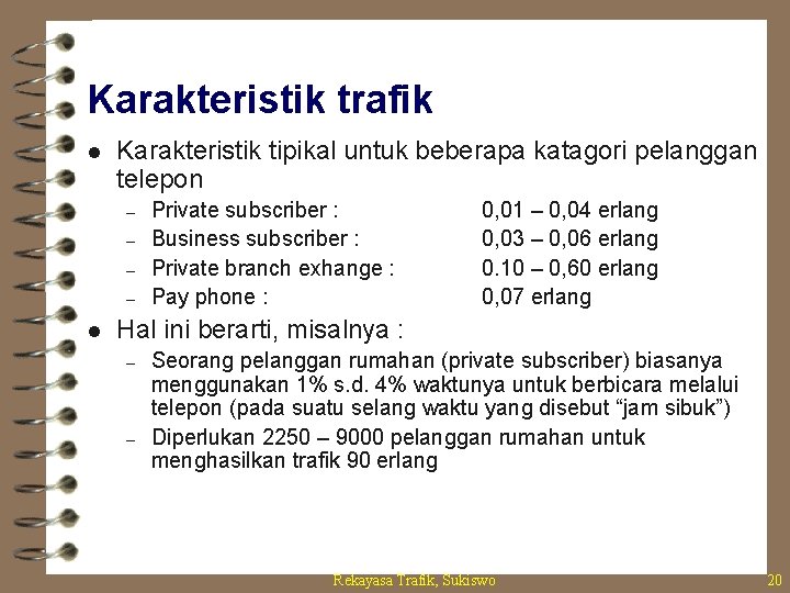 Karakteristik trafik l Karakteristik tipikal untuk beberapa katagori pelanggan telepon – – l Private