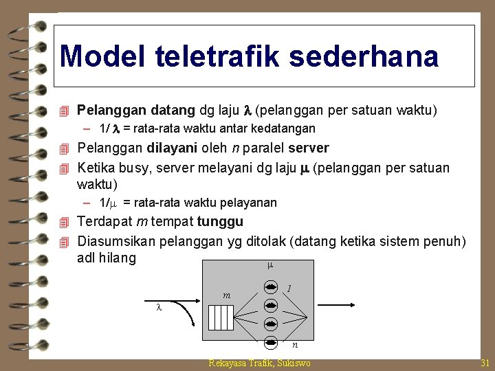 Model teletrafik sederhana 4 Pelanggan datang dg laju (pelanggan per satuan waktu) – 1/