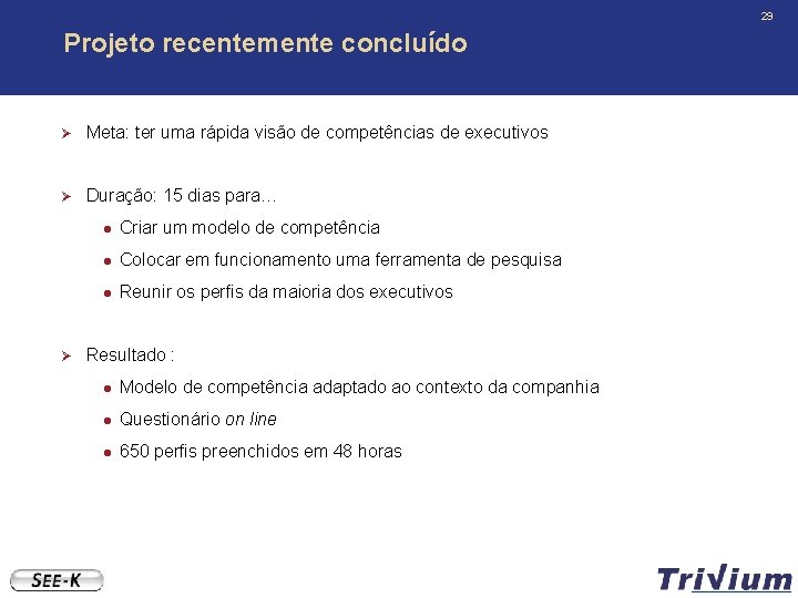 29 Projeto recentemente concluído Ø Meta: ter uma rápida visão de competências de executivos