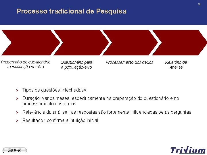 3 Processo tradicional de Pesquisa Preparação do questionário Identificação do alvo Questionário para a