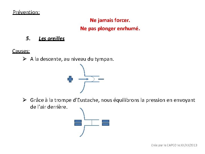 Prévention: Ne jamais forcer. Ne pas plonger enrhumé. 5. Les oreilles Causes: Ø A